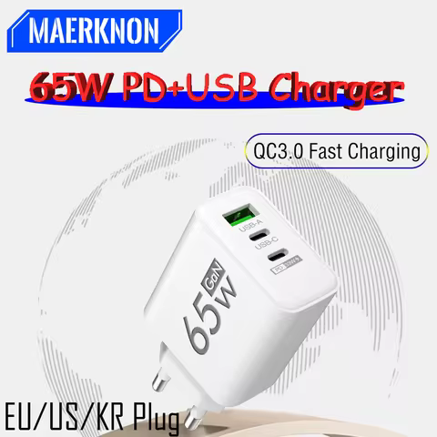 65W GaN 3 Ports PD Fast Wall Charger USB A/C Smartphone Charger For Xiaomi 15 iPhone 16 Samsung Huaw