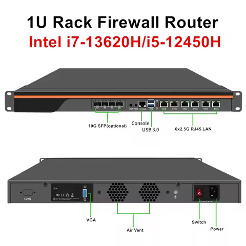 Topton 1U Rack Firewall Mini PC Intel i7 13620H i5 12450H 4x/2x 10G SFP 6*2.5G LAN 2*NVMe Workstatio