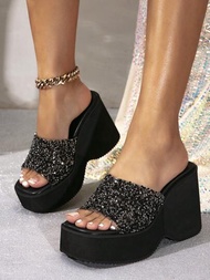 新款女士楔形跟時尚鑽石防水平台厚底10cm拖鞋