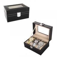HOTBUY - [3間格]高級PU皮革帶扣手錶盒 首飾盒 收納展示盒-黑色