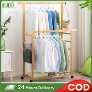 Bamboo Double Pole Coat Rack With Wheels Clothes Hanging Rack Multifunction Hat Coat Rack Portable Clothes Hanging Cloth