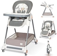 Baby High Chair for Babies &amp; Toddlers, High Chair w/Large Storage Basket, Adjustable Height, Footrest, Recline, Foldable high Chair w/Cushion, Removable Tray, high Chairs with Wheels, Gray