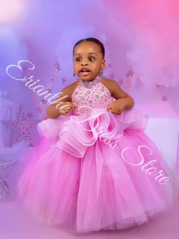 Flower Girl Dress for Wedding Sleeveless Diamond Beading Tuffy Tiered Ruched Kids Birthday Customize