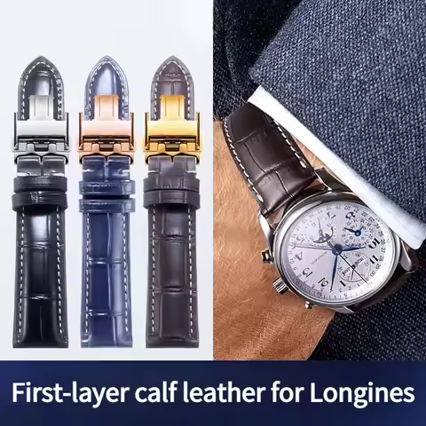 Genuine Leather Watch Strap For Original LONGINES Master Collection Moonphase L2 L4 GMT Top layer of