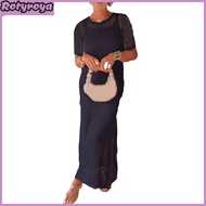 Womens Dress Cover Up Set Sleeveless Long Dress And Short Sleeve Knitted Hollow Cover Up Set 2 Piece