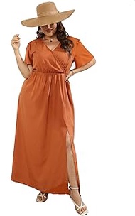 Women Plus Size Wrap Maxi Dress Short Flutter Sleeves Empire Waist Side Split A Line Casual Dress, C