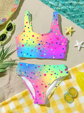 Kids Girls 2-Piece Bikini Swimsuit, Rainbow Gradient Multicolor Polka Dot Square Neck Two Piece Bath