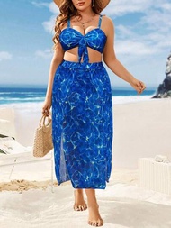 SHEIN Swim Vcay Conjunto De Traje De Baño De 3 Piezas Para Mujeres De Talla Grande Con Patrón De Rayos De Estilo Resort, Traje De Baño Con Bikini Y Falda Envolvente, Atuendo De Playa Para Vacaciones De Verano