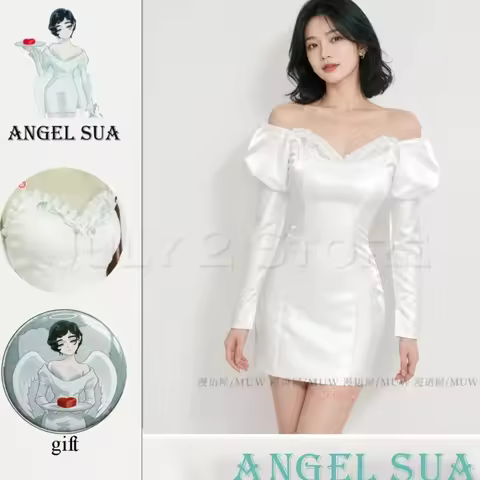 July 2 Store /Alien Stage X MarchMonster CAFE Angel Sua Cosplay Costume Dress Wig Glitter Gown White