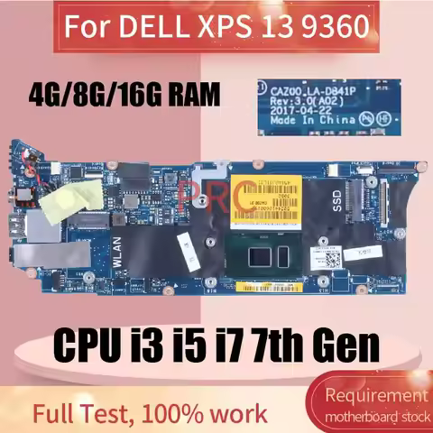 CAZ00 LA-D841P For DELL XPS 13 P54G 9360 Laptop Motherboard I3 I5 I7 7th Gen CN-0VMMP2 0VMMP2 0823VW