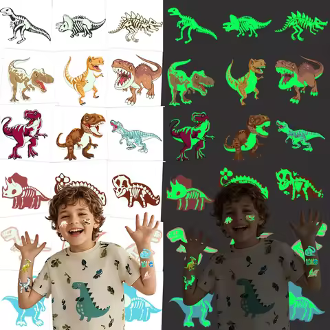 10 Glow-in-the-Dark Dinosaur-Themed Temporary Tattoos, which can be used as themed decorations, gift