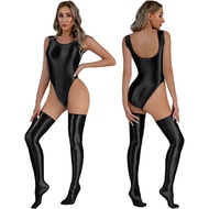Agoky Women's HIgh Cut Bodysuit 2Pcs Outfits Slim Oil Elastic Glossy Tights Leotard with Stocking