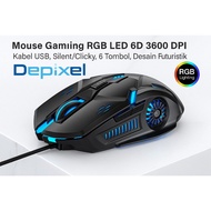 TOMBOL 6D 3600 DPI RGB LED Gaming Mouse – USB Cable, Silent/Clicky, 6 Buttons, Futuristic Design