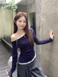 เสื้อยืดคอวีลูกไม้สีขาว ทรงเข้ารูป แขนยาว ทรงเข้ารูป สำหรับผู้หญิง เสื้อเชิ้ตแขนยาวคอวีลูกไม้สุดเก๋ไ