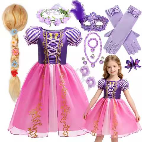 Disney Tangled Rapunzel Princess Dress For Girls Summer Purple Short Sleeve Kids Cosplay Rapunzel Bi