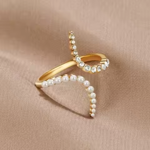 ORZTOON Fashion Creative Simple Gold Color Pearl Shiny Zircon Open Ring For Women Birthday Gift Ring