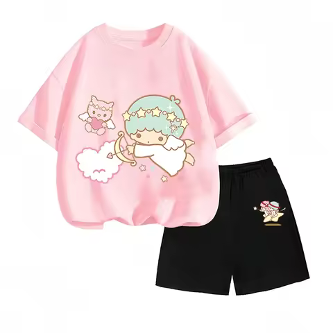 Summer Little Twin Stars Fashion Cartoon Print Cotton Two Piece Set 3-14Y Kids Boys Girls Hot Sale
