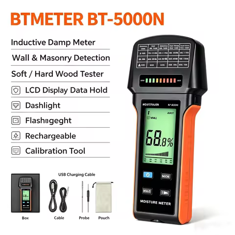 BTMETER BT-5000N Inductive Damp Meter Wall Masonry Soft Hard Wood Tester LCD Hold Flashlight Recharg