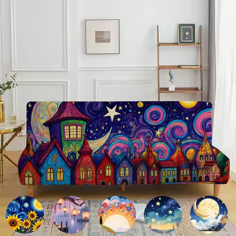 Fantasy starry sky fairy tale town printed sofa cover, elastic all-inclusive non-slip sofa bed cover