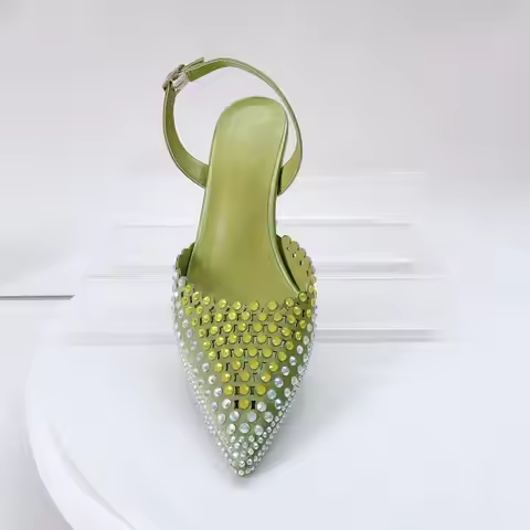 INSIGHTLINK Olive Green Diamonds High-heeled sandals Ladies Heel Wedding Gems Shoes Full rhinestones