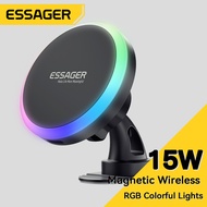 Essager 15W ไฟ RGB ที่ชาร์จในรถไร้สายที่วางโทรศัพท์ Macsafe ที่ชาร์จไร้สายสำหรับใช้ในรถสำหรับ iPhone