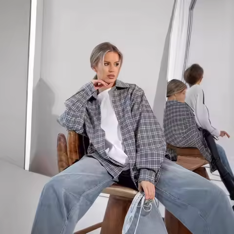 Autumn Gray Checkered Shirt For Women's Street Retro Long Sleeved Shirt Coat Womens Tops Moda Corean