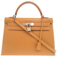 二手愛馬仕 Kelly 32 手提包，棕色，Vau ChamonixNATURAL啞光銀色五金， D淨化草本印記，0266。