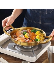 不銹鋼雙耳海鮮盤，適用於餐廳；金色平底鍋，適用於意大利麵或沙拉