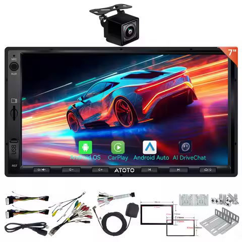 ATOTO Double DIN AI Android Car Radio with Backup Camera, 7" QLED Touchscreen, Wireless CarPlay & An