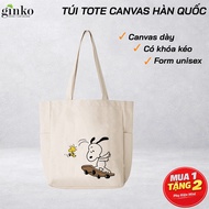 GINKO Snoopy Canvas Tote Bag with Zipper, Korean Style Unisex Canvas Tote Bag HM99