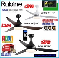 [FREE BASIC INSTALLATION!] RUBINE WON DC Motor Ceiling Fan | Available In 3 Colors , Black , White , Timber | Available sizes-46" | 56" | with 3 Tone LED Light Kit and Remote Control | Free Delivery |