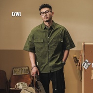 Short Sleeve Shirt Men Ami Khaki Japanese Retro Workwear Shirt Lapel Top