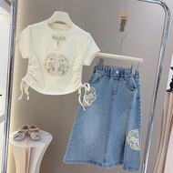 Chinese Style Girls Chinese Style Suit 2024 Medium Big Kids Short-Sleeved Chinese Style Denim Skirt 