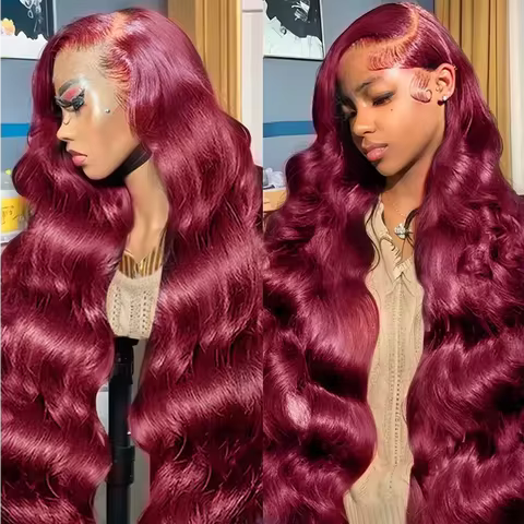 13x4 13x6 HD Body Wave Lace Frontal Wig Burgundy 99J Lace Front Wig Human Hair Pre Plucked 99j Red C