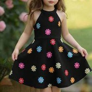 Young Girl Casual And Elegant Solid Black Stand-Up Collar Sleeveless Waist A-Line Dress, Suitable Fo