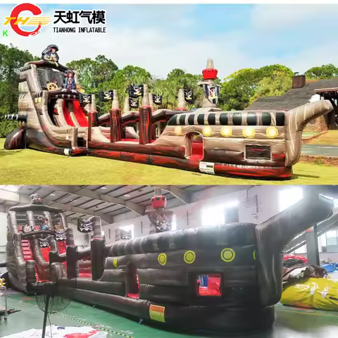 20x5x7mH Giant Pirate Ship Inflatable Slide Pirate Boat Two Lanes Water Dry Slide Playground Fun Cit