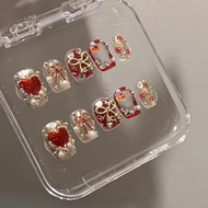 Handmade Nail Manicure Wearing Nail Cute Patch Retro Red Bow Nail Patch Light Luxury Dopamine Short 