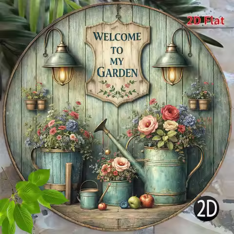 2D Flat - 1pc 8*8In/20X20Cm 2D Flat Round Sign, Vintage Plaque about "Welcome to My Garden", "Garden