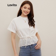 Lovito Plain Roll Up Sleeve Chiffy Drawstring Women Blouses L20D053
