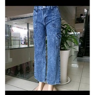 Cargo Six pocket Wide Leg  Seluar Jeans Perempuan Acid Wash Cargo Premium Quality