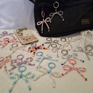 Ribbon beads, bag charm, handphone charm, keychain, peanut beads, crystal, min beads