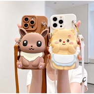 Cute 3D Cartoon Zipper Wallet Phone Case with Crossbody Lanyard Soft Silicone Shockproof Protective 