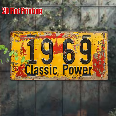 11.8x5.9" 2D Flat Vintage 1969 Classic Power Metal License Plate - Rustic Yellow Aluminum Wall Art w