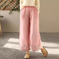 2026 Summer New Retro Chinese Style Literary Elastic Loose Cotton Linen Embroidered Casual Pants Lar