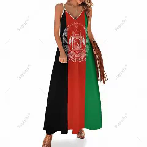 Long Dresses Dress Afghanistan Flag Print New Casual Sleeveless Women's V-Neck Printed Dress Swing R