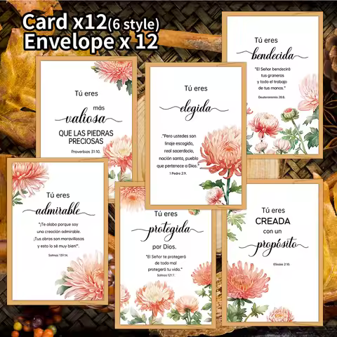 12pcs Spanish Floral Design Inspired Bible Verse Greeting Cards With Envelope For Mother's Day Weddi