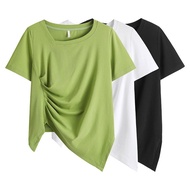 Chic Plus Size T-Shirt Top - Slimming Pleats & Round Neck | 61901