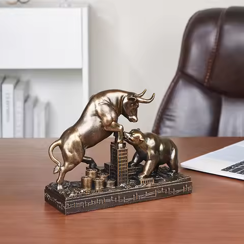 Golden Bull Bear Statue, Bull Bear Battle, Resin Crafts, Desktop Decoration, Golden Bull Sculpture, 