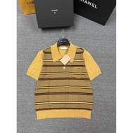 Miu Miu Yellow Brown Stripe Epaulette Polo Shirt - Slim Fit Women's Top