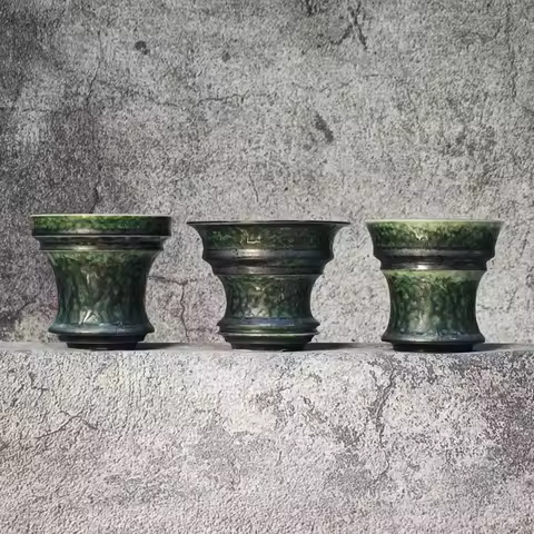 Small Handmade Green Ceramic Caudex Plant Pot, Desktop Balcony Planter for Pachypodium Gracilius, Ca